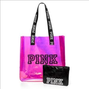 New  pink iridescent pink tote with cosmetic bag